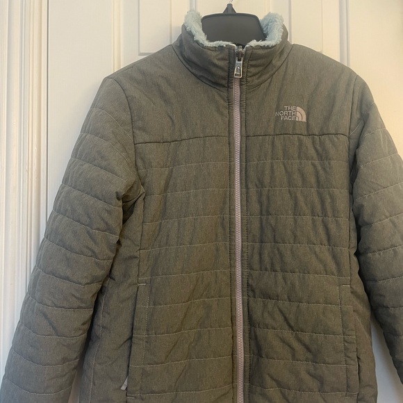 The North Face Kids Puffer Jacket in Gray with Light Blue Lining - Picture 6 of 7
